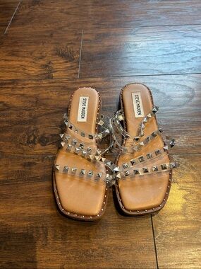 Steve Madden Tan Slide Sandals with Clear Studded Straps